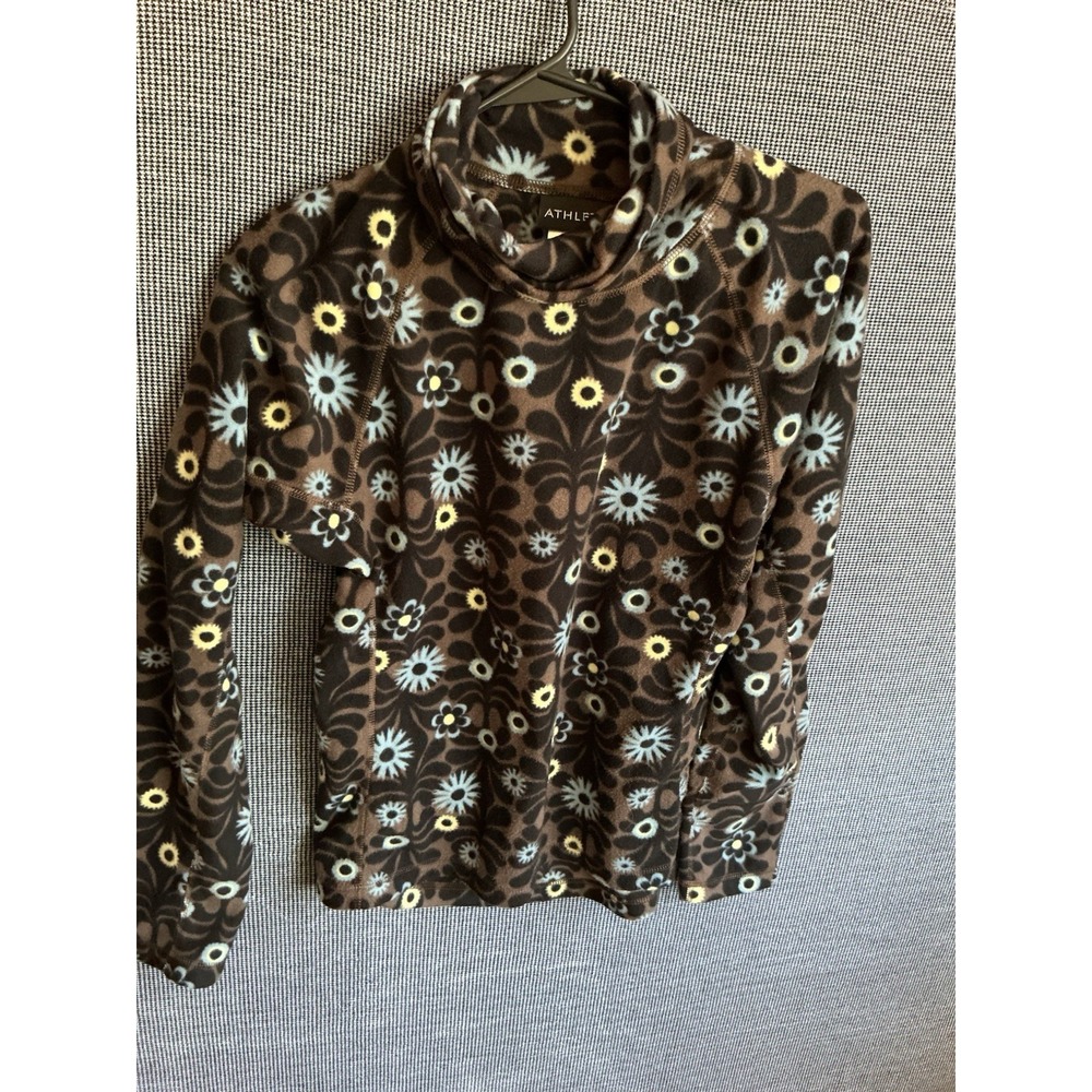 Athleta Sweater Medium Brown Fleece Mock Neck Pullover Floral Women Y2K